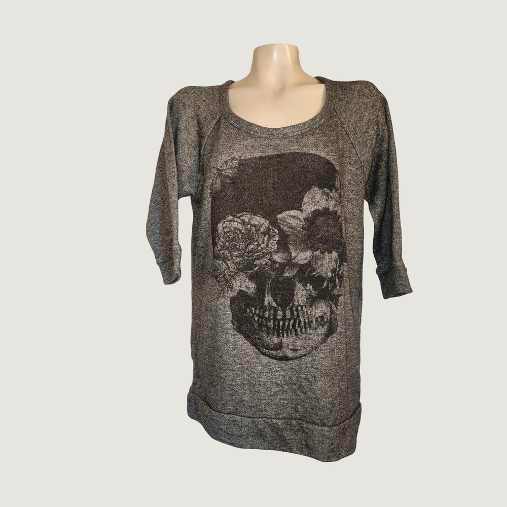 Torrid Grey Marl Floral Skull Graphic Sweatshirt Tunic 3/4 Sleeve Size 0 L/XL